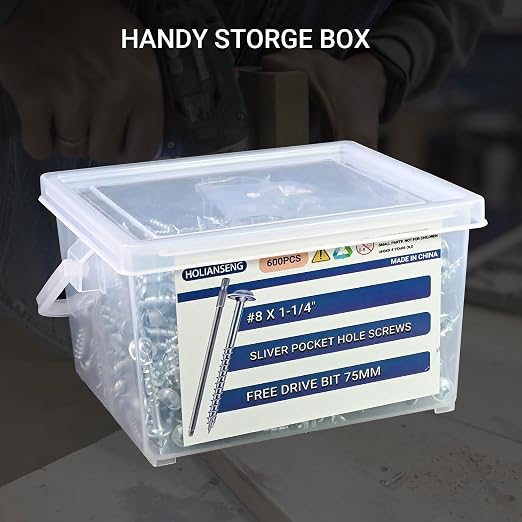 600-Pack #8 x 1-1/4" Interior Pocket Hole Screws – Coarse Thread, Square Drive, Washer Head, Zinc Plated – Includes 150mm Drive Bit