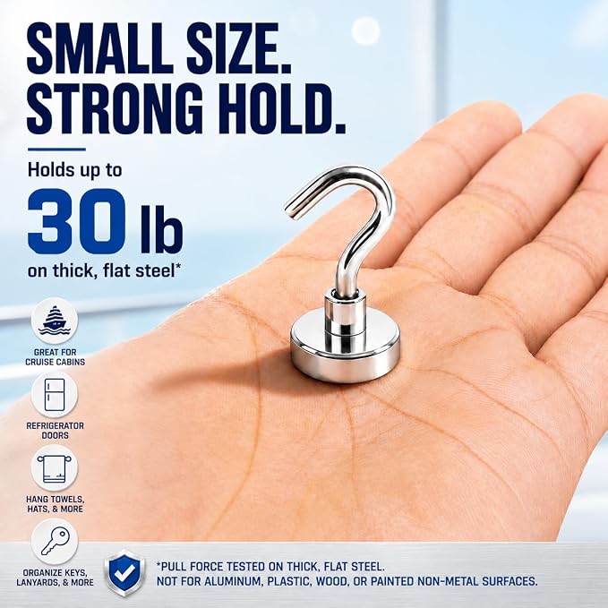 Neosmuk Magnetic Hooks, Cruise Ship Essentials, 32lb+ Heavy Duty Magnetic Hooks for Cruise Cabins, Refrigerator, Grill, Hanging, and Travel | Extra Strong Must-Haves Magnet Hook,Silver Pack of 20