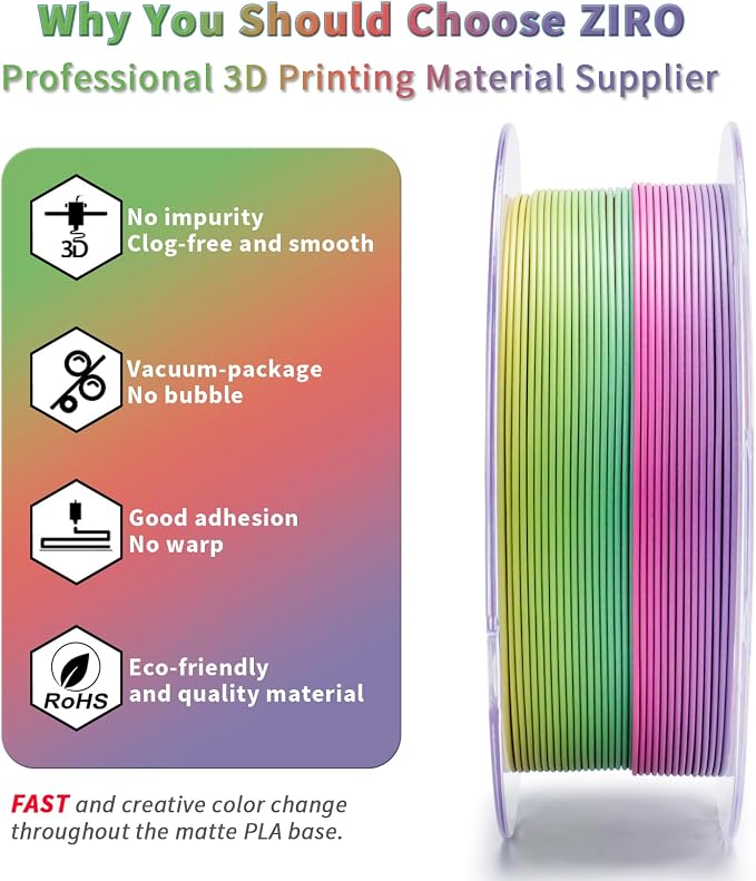 ZIRO Matte Fast Color Change PLA 4 Pack, 1.75mm Color Gradient Filament Bundle, No-Shine Rainbow PLA Filaments, Fit Most 3D Printers and Pen, 2.2lbs X 4 Spool