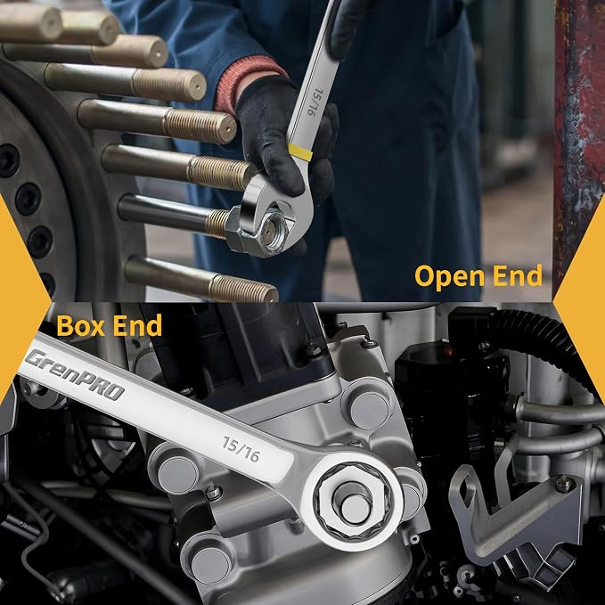 GRENPRO Large Wrench Set, SAE Wrench Set With Color Ring, 7PCS 15/16", 1", 1-1/16", 1-1/8", 1-3/16", 1-1/4" Long Big Open End Wrench Tools Set Roll Up Pouch Organizer, 12 PT Combination Wrenches Sets