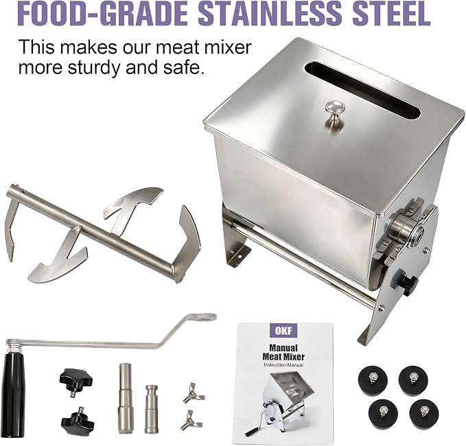 OKF Meat Mixer, 20lb Sausage Mixer, Stainless Steel Commercial Meat Mixer, Tilt Tank Manual Meat Mixer with Lid, Sausage Mixer Machine for Sausages, Burger Patties, Meatballs, Jerky &Homemade Pet Food