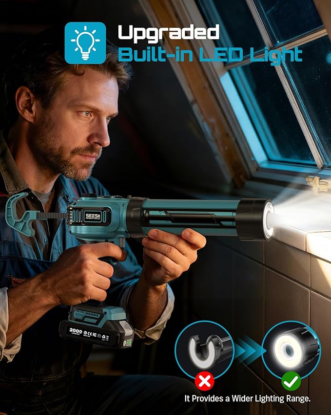 SEESII Electric Caulk Gun, Cordless Caulking gun w/2 x 2.0Ah Batteries, Battery Power Caulking Gun with Brushless Motor & LED Light, Filling and Sealing for Doors Floors Walls Window, 10 Oz