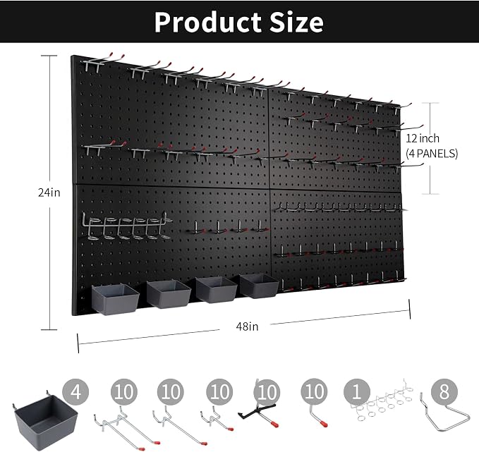 FRAYSCENT Peg Board for Wall 48x24 inch with 63 Pcs Hooks Accessories, Garage Storage Pegboard Wall Organizer, Metal Pegboard Panels with Hooks, Modular Mounted Control Peg Board Tool Organization