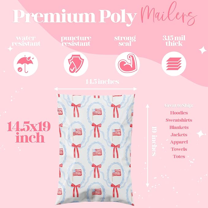 Pretty Package Store 14.5x19 Designer Poly Mailer 100 Pack Heavy Duty Waterproof Self Seal Shipping Bags for Small Business Large Mailing Envelopes Bulk Tear Resistant Packaging American Flag