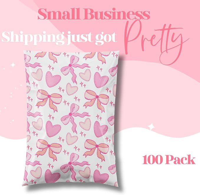 Pretty Package Store 6x9 Designer Poly Mailer 100 Pack Heavy Duty Waterproof Self Seal Shipping Bags for Small Business Large Mailing Envelopes Bulk Tear Resistant Packaging Coquette Bows Hearts