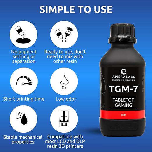 TGM-7 3D Printing Resin for Tabletop Miniatures – Tough, High Resolution, Low Odor, Fast Curing (Red, 1 kg)