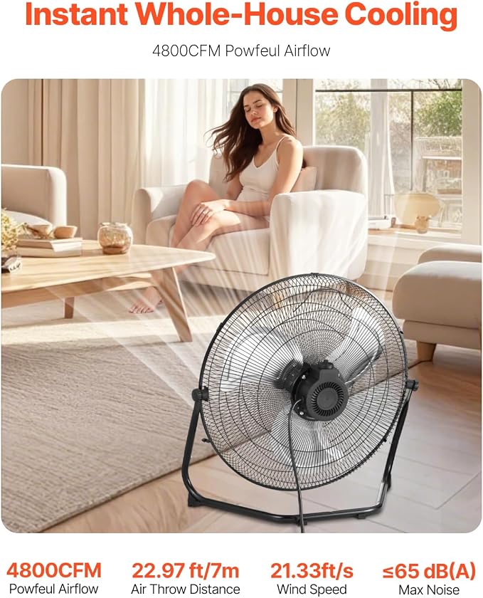VEVOR Floor Fan, 3 Speeds High Velocity Heavy Duty 20 Inch Industrial Fan, 4800 CFM 360° Adjustable Tilt 21.33 ft/sec Airflow Large Metal Fan, for Home, Gym, Office, Garage, Commercial Shop & Bedroom