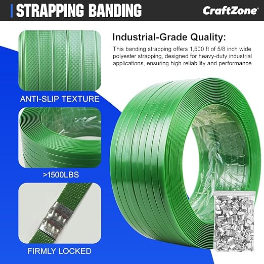 Banding Strapping Kit | Pallet Strapping Kit with Tensioner Tool | Heavy Duty Banding Tool 1500lbs Break for Banding Bulky Items Warehouses|Factories | 5/8" W*2000' L Poly Strapping|100 Seals | 2000FT