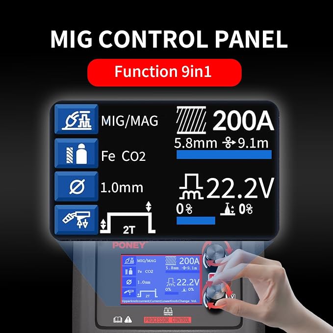 PONEY 200A Double Pulse MIG 9 in 1 Aluminum Welder 220V 2T/4T | MIG/MAG/FLUX/MIG Synergy/Single Pulse MIG/Double Pulse MIG/TIG LIFT/Spot Welding/MMA Multi Process Welding Machine LCD