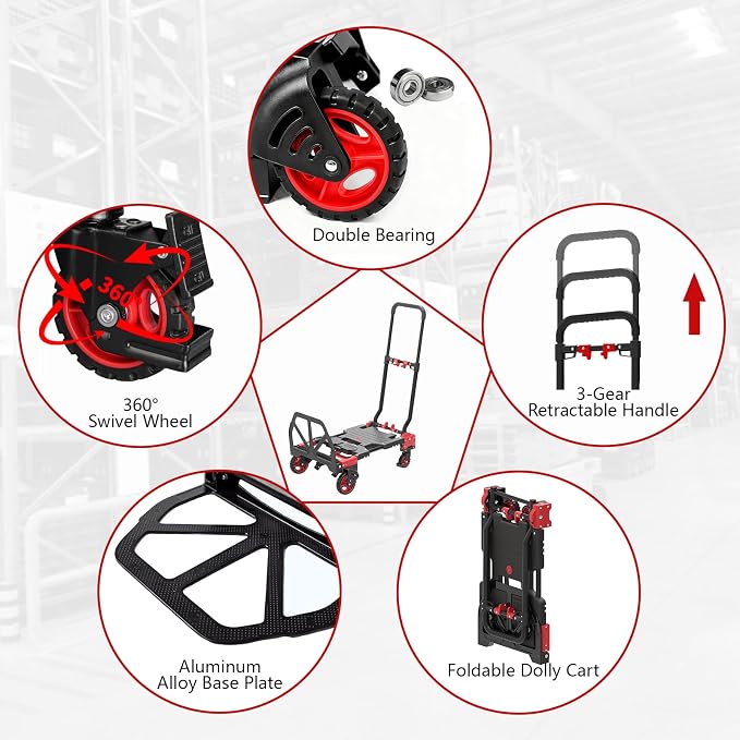 2-in-1 Hand Truck Dolly, 330LB Heavy Duty Carrying Portable Handtruck, Folding Hand Dolly with 4 Wheels&Retractable Handle for Moving, Luggage, Shopping, Office