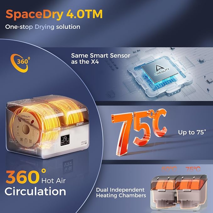 Creality Filament Dryer 4 Spools, SpacePi X4L Filament Storage Box: Dual Independent Heating Chambers Up to 75℃, Double Safety Protection, Moisture-Proof Sealing Design for PLA, PETG ABS