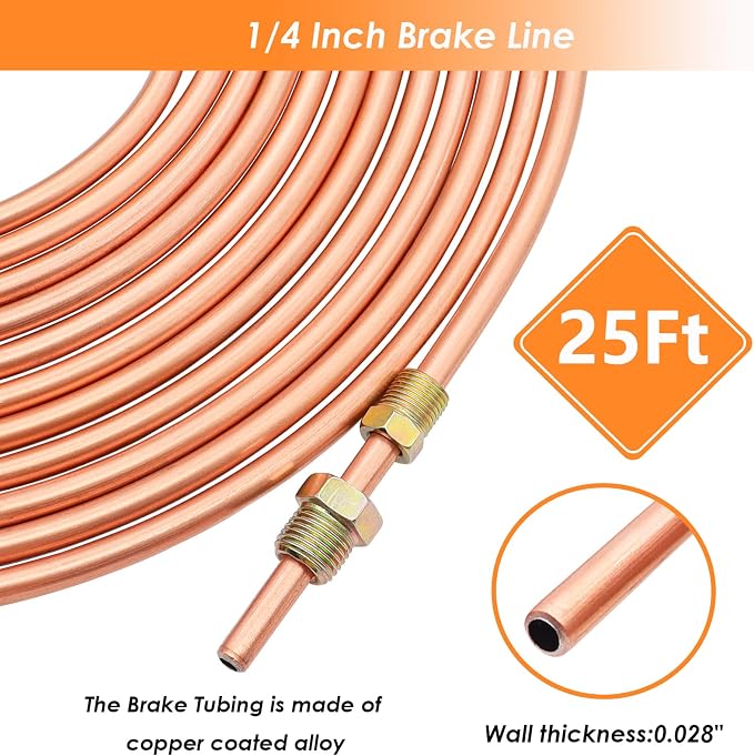 25 ft 1/4Inch Copper Coated Brake Line Kit(Includes 24 Fittings and 4 Unions) with Double & Single Flaring Tool Kit