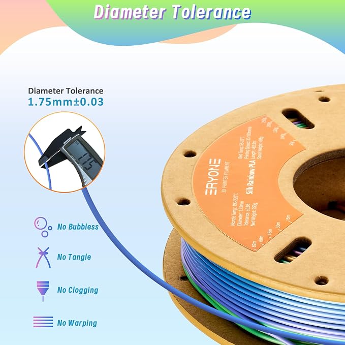 ERYONE PLA Filament 3D Printer Filament Multicolor 1.75mm +/- 0.03mm, PLA Filament 250g Spool, Silk Rainbow Candy
