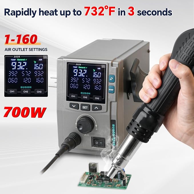 SUGON 2026 Hot Air Rework Station 700W, Standard/Curve heating mode, 4 Air Nozzle, 3 Memory storage, Sleep mode, ℃ / ℉,212℉-932℉, SMD Hot Air Station with Replace Air Nozzle Bracket