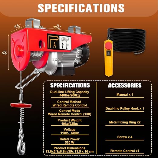 Electric Hoist,440 lbs Material Handling Too,Single/Double Slings Electric Winch,13 ft Remote Control,39 ft Single Cable Lifting Height,Zinc-Plated Steel Wire Hoist for Garage, Warehouses