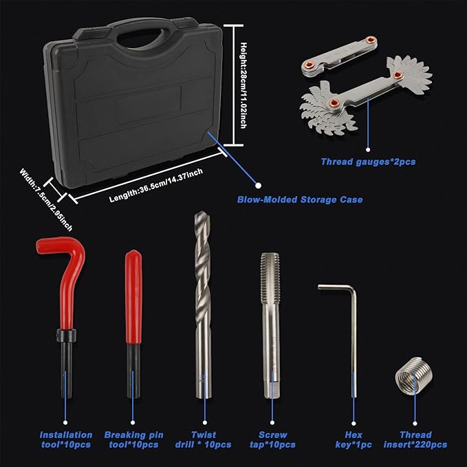 263PCS Thread Repair Kit HSS Drill Helicoil Kit, Rethreading Tool | Rethreading Kit with Thread Gauge Metric and SAE1 /4" 5/16" 3/8" 7/16" 1/2" M5 M6 M8 M10 M12