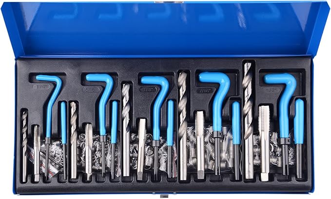 DAYUAN 131Pcs SAE Thread Repair Kit, HSS Drill Helicoil Kit Standard | SAE 1/4"-1/2" Sizes，Repairs Stripped & Damaged Threads，High-Speed Steel Tools，45# Steel Inserts，Storage Case