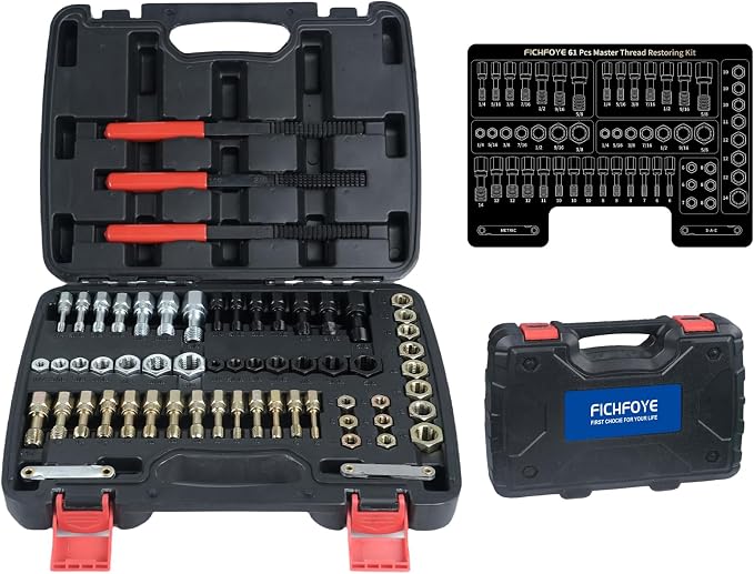 61Pcs Thread Restorer Tool, Metric and SAE Dual-Standard Taps and Dies, UNC/UNF/M6-M14 Thread Chasers, Heat-Treated Carbon Steel for Automotive and Mechanical Repair