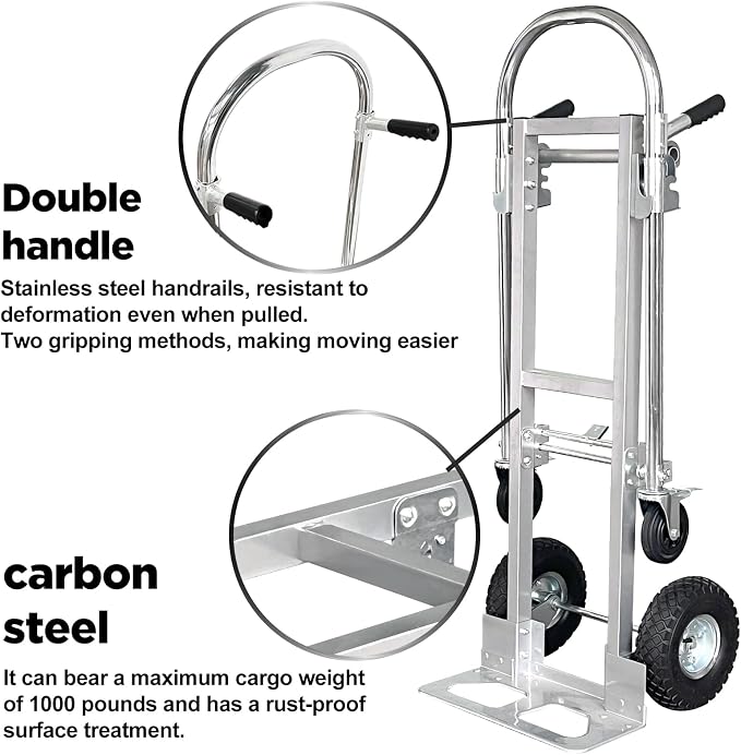 Suzhi Convertible Hand Truck Dolly Cart with Wheels Heavy Duty/with 4 Wheels&Brakes /1000Lbs Load, 2 Straps for Furniture/Appliance/Carton/Warehouse/Office /10 Minutes to Install as Video
