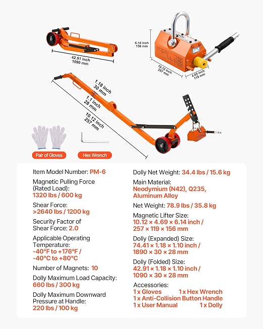 VEVOR Magnetic Lid Lifter Dolly, 1320 lbs Pulling Capacity, Steel Dolly with Heavy Duty Magnet Lift and 2 Wheels, Adjustable Handle, N42 Neodymium, Foldable and Portable, for Lifting Manhole Covers