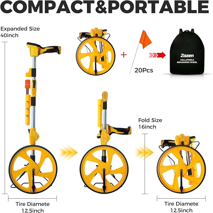 Zozen Measuring Wheel Digital Display, Upgraded Flag Holder & 20 Marking Flags, 3-Section Foldable with Backlit Display, Imperial/Metric, Kickstand | Max 99,999Ft/ 99,999M | Portable Cloth Backpack