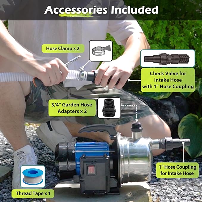 FLUENTPOWER Shallow Well/Deep Garden Pump, 1.5HP 1200GPH Portable Water Booster Jet Pump for Home, Garden, Lawn, Sprinkler Irrigation, Water Transfer, Stainless Steel