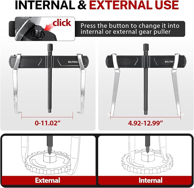 BILITOOLS 12" 2 Jaw Gear Puller, Bearing & Pulley Removal Tool, Internal External Reversible for Flywheel, Gears & Pulleys
