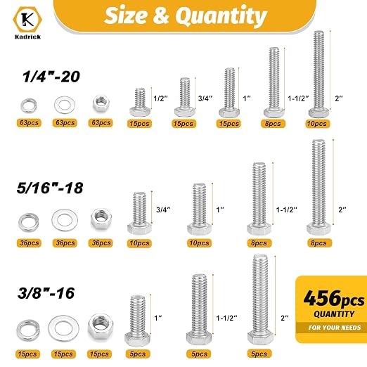 Kadrick 456Pcs 18-8(304) Stainless Steel Hex Bolts Assortment,1/4-20 5/16-18 3/8-16 Heavy Duty Bolts and Nuts Kit, Assorted SAE Bolts Nuts Flat&Lock Washers,Lenth Form 1/2''-2''