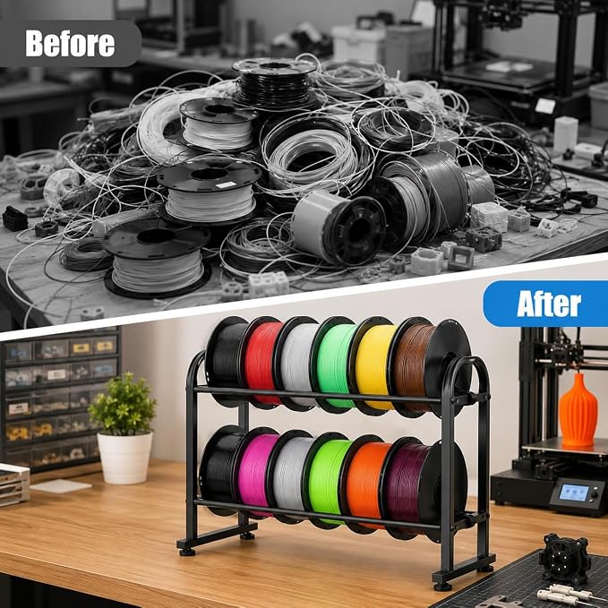 3D Printer Filament Storage Rack, 2-Tier Metal Filament Rack Holds 12 Rolls of 1KG, Heavy Duty Space Saving Filament Rack for Workshop Garage Home Studio