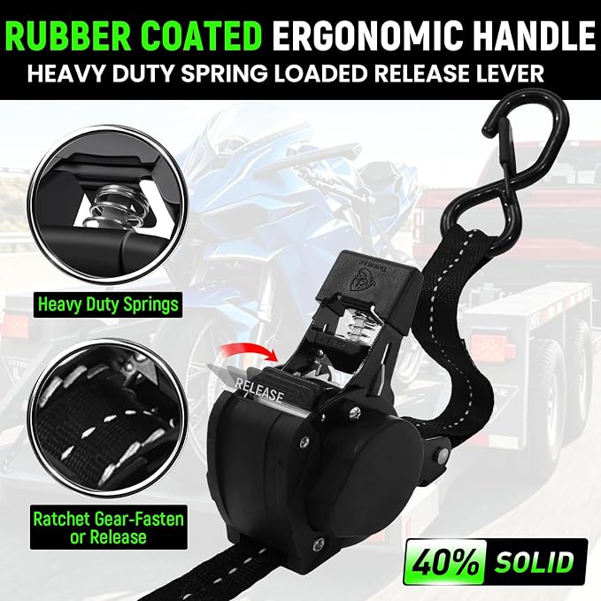 Retractable Ratchet Straps (Patented-4pack) - 1 inch x 10Feet (1,800lb Break Strength) Auto Self Retracting Tie Down Straps - Self Retractable Straps with Refletcive for Motorcyle, Truck or Cargo
