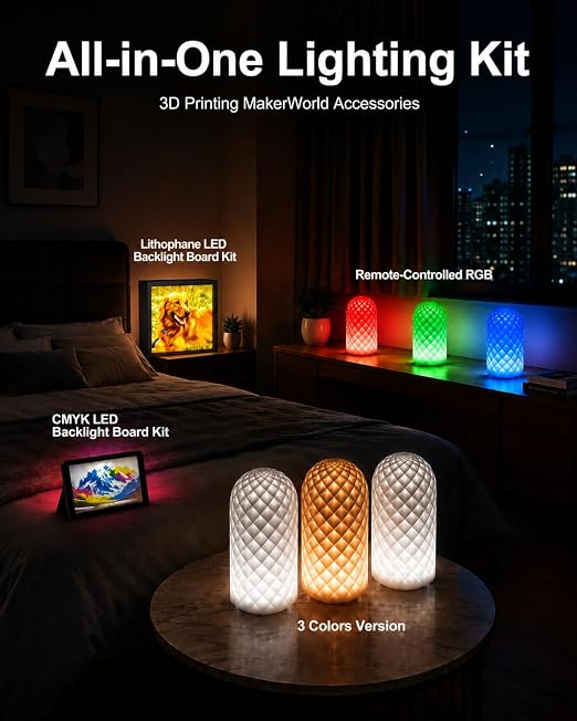 LED Lamp Kit 001 RGB & 3 Color, CMYK LED Illumination Panel Kit FAZ007, Lithophane Light Board Kit KC009 for Bambu Lab Makerworld, 3D Printing LED Light Kit for Beginners, Model Printing Accessory