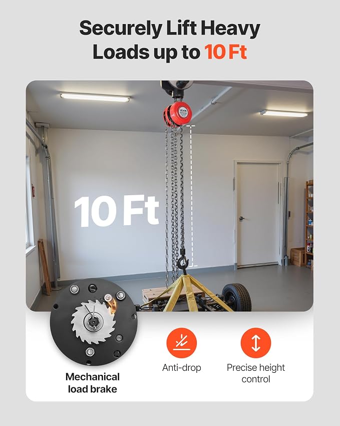VEVOR Hand Chain Hoist, 1 Ton 2200 lbs Capacity, Manual Chain Block with Upgrade G70 Galvanized Chain, 10 ft Lifting Height, Heavy Duty Pulley Hoist for Garage Warehouse Automotive Machinery, Red