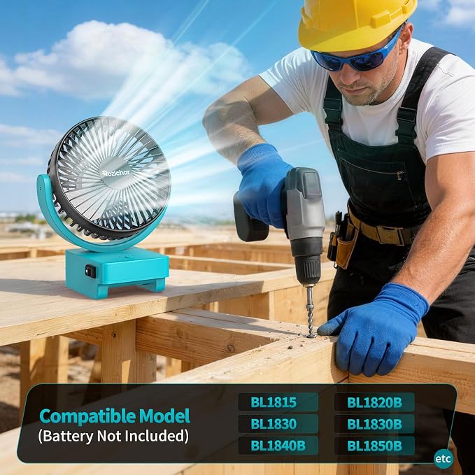 Rozlchar Portable Cordless Fan Compatible For Makita 18V Battery, Work for BL1860 BL1850 BL1840 BL1830, Jobsite Fan With USB A+C Fast Charging For Camping Workshop and Construction Site(No Battery)
