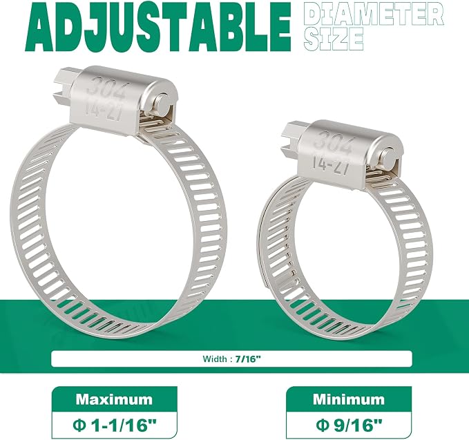 OURU 15PCS Hose Clamps Stainless Steel Adjustable 9/16"– 1-1/16"(14-27mm) Worm Gear Hose Clamp, Heavy Duty Metal Small Hose Clamps for Automotive, Pipe, Radiator Plumbing, Fuel Line