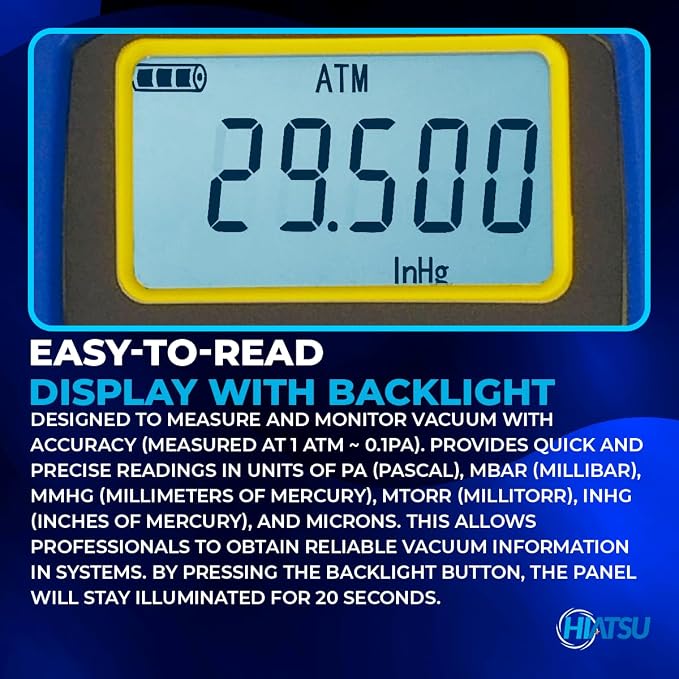 Hiatsu VMH-75 Digital Vacuum Gauge – Aluminum Case, Ultra-Wide Range 1 ATM to 0.1 Pa, High Accuracy HVAC/Refrigeration Tool for Technicians & Professionals