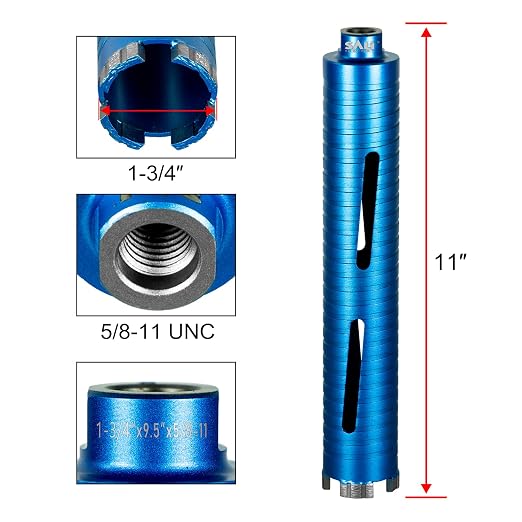 SALI Diamond Core Drill Bits 1 3/4" Diameter 10"/254mm Drilling Depth 5/8-11" Thread Core Bit Turbo Laser-Welded Segments for Cured Concrete with, Brick, Block, Masonry, with Two Adapters