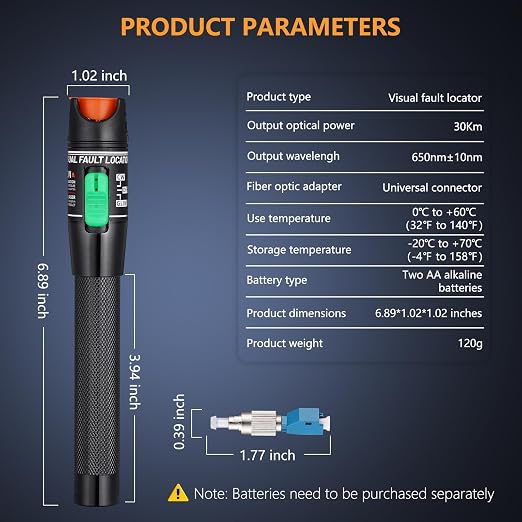 Visual Fault Locator 30KM - VFL Fiber Optic Tester Kit with Universal 2.5mm Connector, Includes FC to LC Adapter, Compatible Single Mode 9/125um & Multimode, Fiber Light & Laser for CATV Telecom