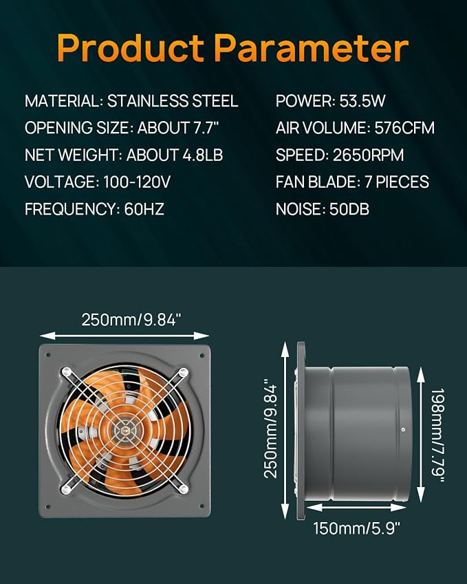 HG Power 8 Inch Exhaust Fan 576 CFM Kitchen Exhaust Fan Wall Mount with Backdraft Damper, Metal Plug In, Extractor Exhaust Ventilation Fan for Attic, Basements, Ceiling, Shop, Greenhouse