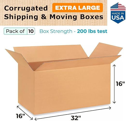 Extra Large Shipping & Moving Boxes 32x16x16 inches (10-Pack) - Extra Strength 200 lb vs Regular - USA-Made Corrugated Heavy Duty Moving Boxes - Box for Moving & Relocating by IDL Packaging