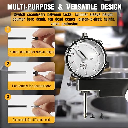 6434 Sleeve Height and Counter Bore Gauge for All Diesel Engines, Cylinder Bore Gauge Range: 0-1.00", Graduation: 0.001", Reading: 0-100