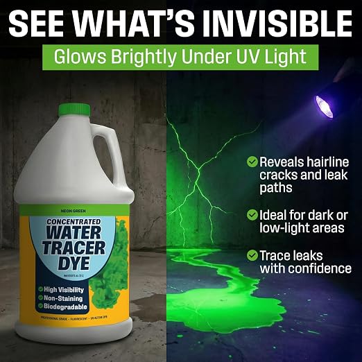 Concentrated Green Water Tracing Dye for Leak Detection – Treats 6,000+ Gallons – Non-Staining UV Dye for Toilets, Pools, Plumbing, Septic, Storm Drains – 68 oz