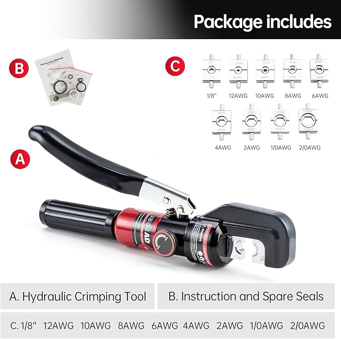 Hydraulic Crimping Tool with 9 Dies - Battery Cable Crimper Tool & Wire Rope Crimping Tool with 12 to 2/0 AWG for cable lug, 1/16" 1/8" 3/16" for Stainless Steel Cable Railing Tool