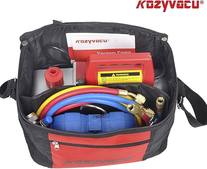 AUTO AC Repair Complete Tool Kit - 1-Stage 3.5 CFM Vacuum Pump, HVAC Manifold Gauge Set, Hoses, and Freon Leak Detector, Ideal for Automotive, Mini Split, and Refrigeration App (KZTA350F+)