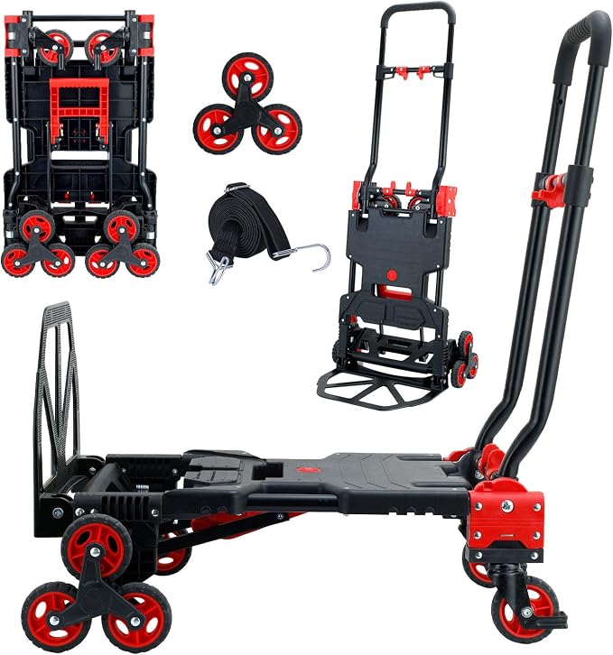 2 in 1 Folding Hand Truck Dolly,330LB Stair Climbing Dolly Cart with Wheels,Hand Truck Foldable with Telescoping Handle,Collapsible Hand Truck for Moving&Transportation(Red)