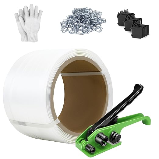 Heavy Duty Banding Strapping kit Contain 3/4"x 330' Composite Cord Packaging Straps & 100 Metal Wire Buckles 50 Plastic Edge Protectors Tensioner with Cutter Tool Glove