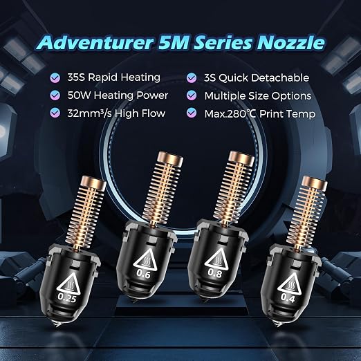 FLASHFORGE Adventurer 5M Pro Nozzle, 0.6mm Hardened, 280℃ High Flow 32mm³/s for Stable High-Speed Printing, Compatible with Adventurer 5M Hotend, Perfect for High-Strength Filaments