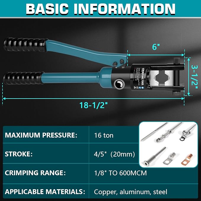 Hydraulic Crimping Tool, 16 Tons Wire Crimping Tool Kit with Cable Cutter | With 13 Pairs of Dies, 12 AWG to 600 MCM, Wire Rope Crimping Tool for Battery Cable Ends Ring Terminals, Blue