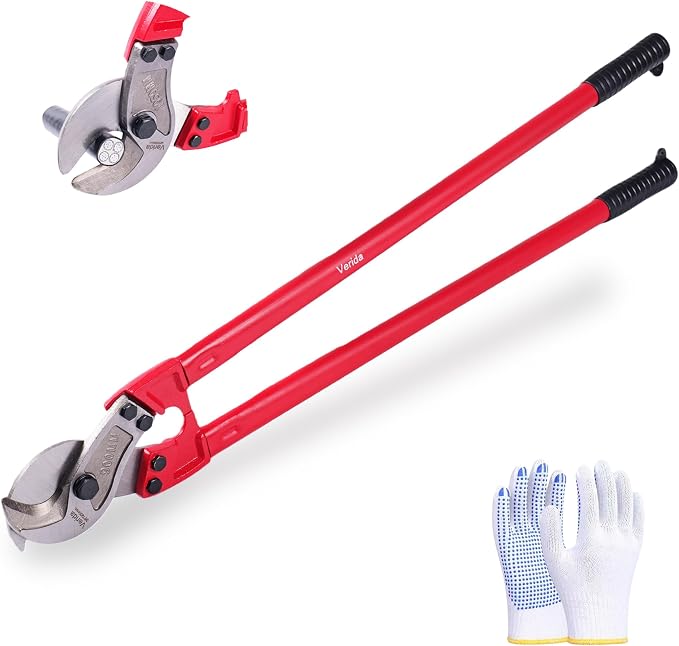 Verida Cable Cutters 32 inch, Heavy-Duty Large Cable Cutter, Chrome vanadium steel, Hardness 62 HRC, Suitable for cutting thick copper and aluminum core cables, Red