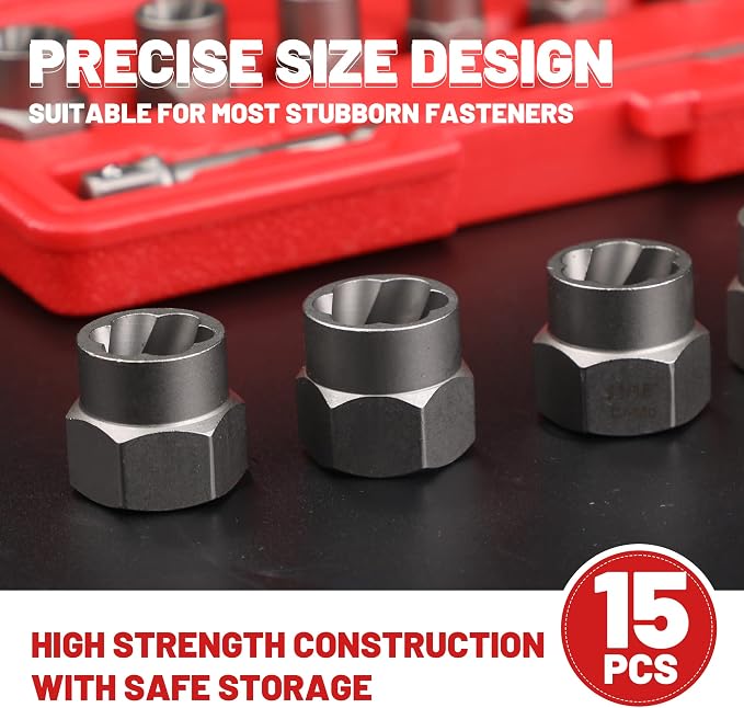 15-Pcs Bolt Extractor Set, 3/8'' Drive Easy Out Bolt Extractor Set, Stripped Bolt Remover Nut Extractor Set for Damaged, Frozen, Rusted Sockets, Rounded-Off Bolts, Nuts & Screws