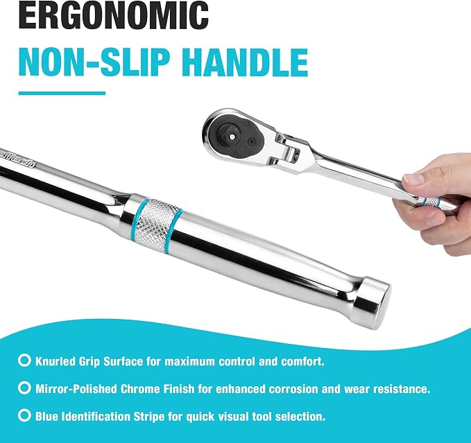 DURATECH 1/2-Inch Drive Flex-Head Ratchet, 90-Tooth Quick-Release Ratchet Wrench with 180° Pivoting Head and 7-Position Setting, Reversible, CR-V Made, CR-MO Head, 4° Swing, Full Polished, Men Gifts